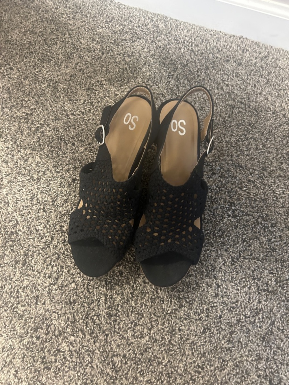 SO Black Crochet Peep-Toe Slingback Wedges